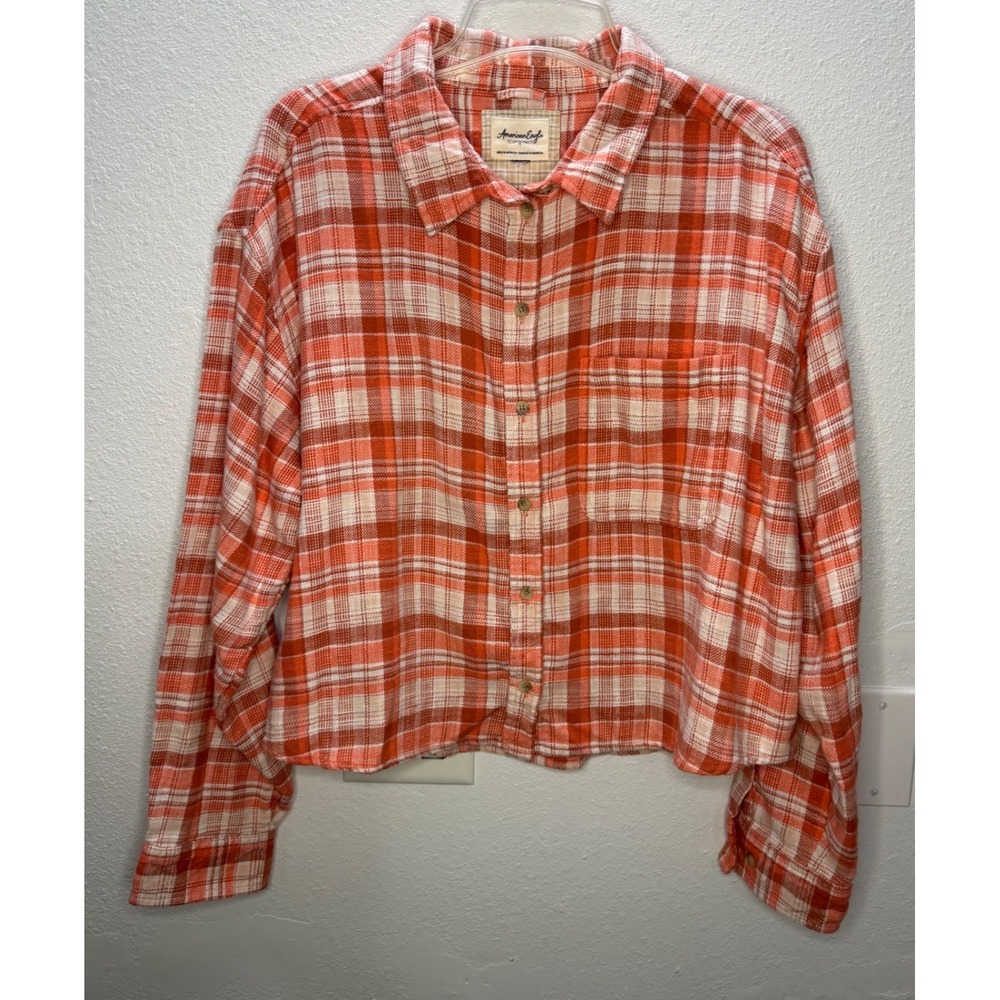American Eagle Orange Plaid Flannel Button Down Shirt XL Distressed Cropped